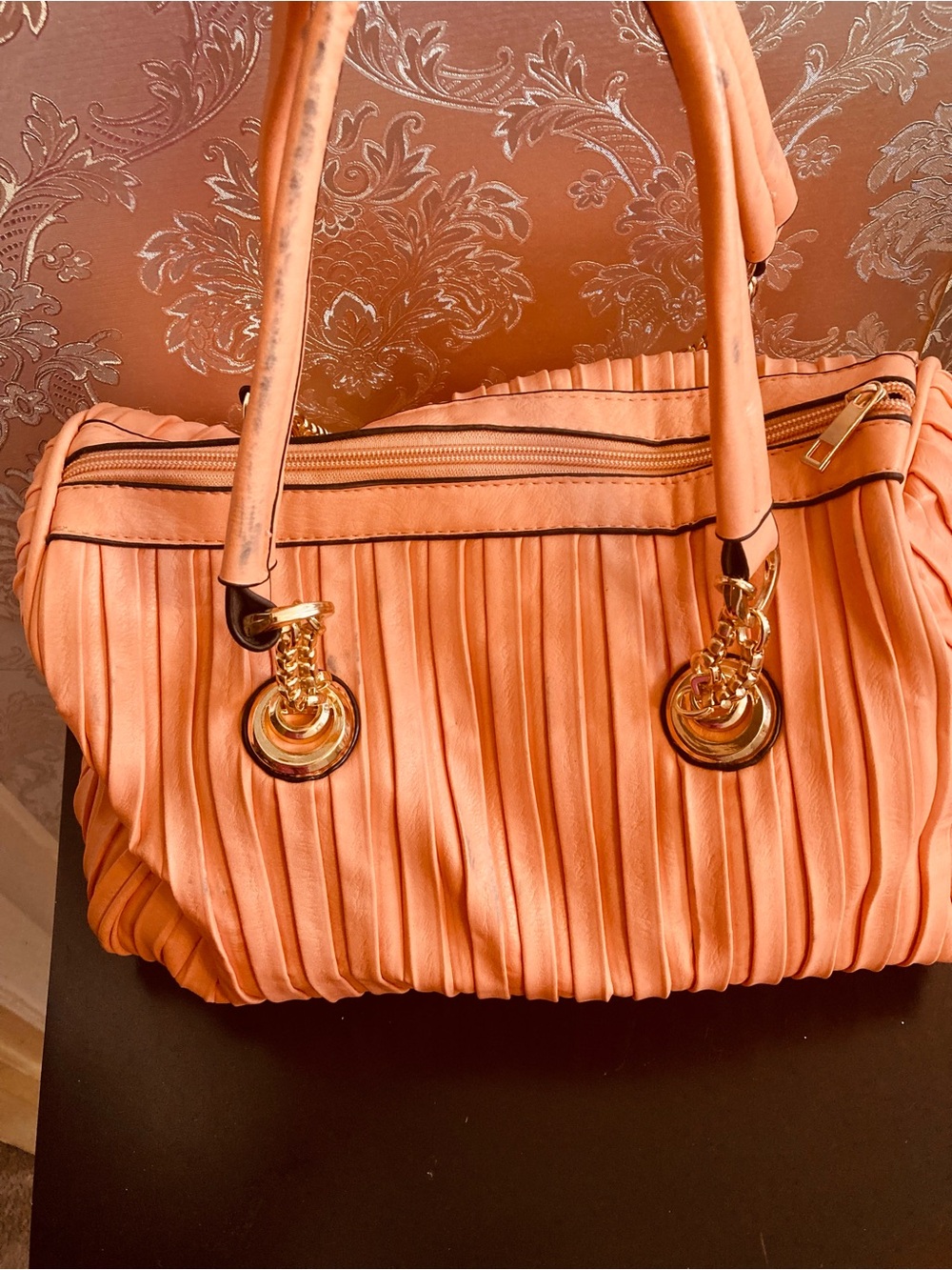 Pleated Coral Satchel Handbag with Gold Hardware - Picture 2 of 7